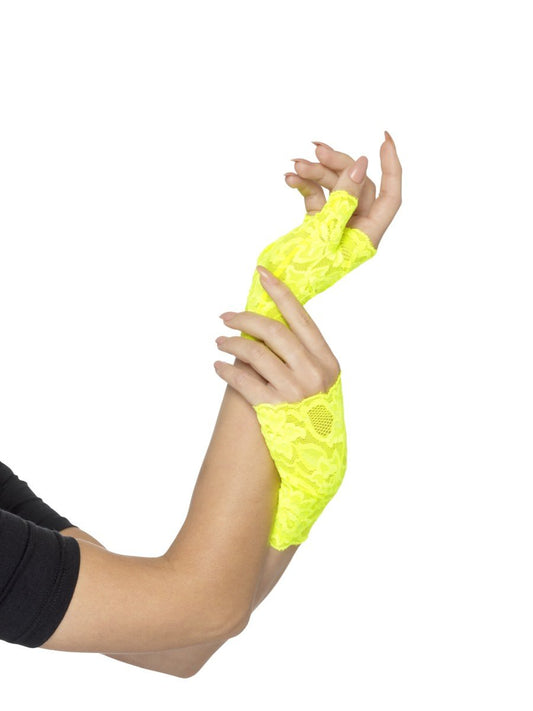 80s Fingerless Lace Gloves, Neon Yellow