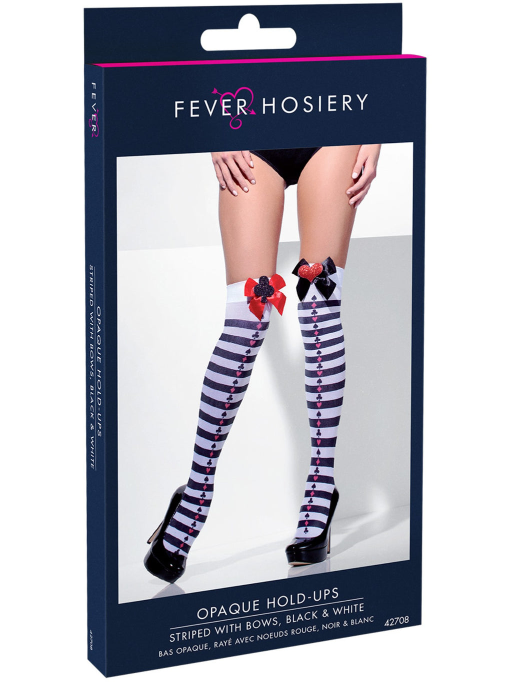 Opaque Hold-Ups, Black & White, Striped with Red Bows