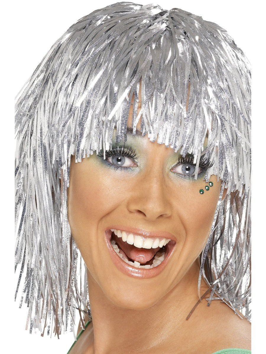 Cyber Tinsel Wig, Silver, Metallic
