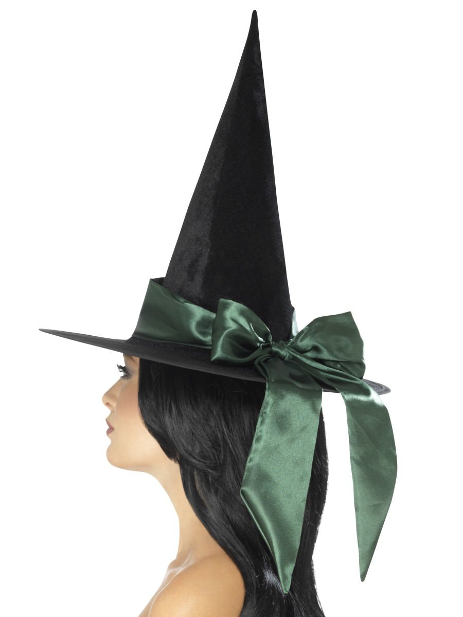 Deluxe Witch Hat, Black, with Green Bow
