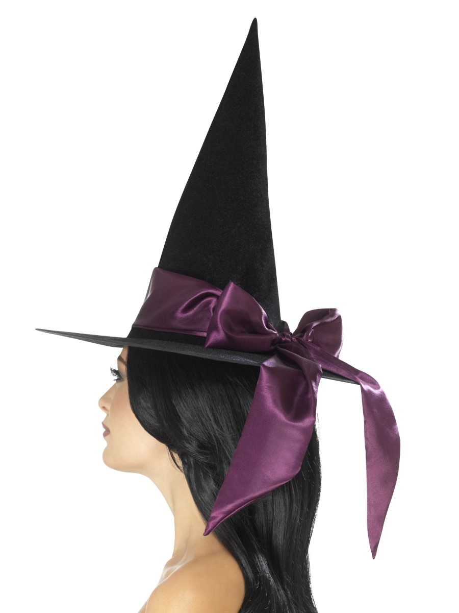 Deluxe Witch Hat, Black, with Purple Bow