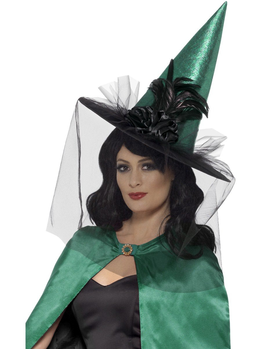 Deluxe Witch Hat, Teal, with Feathers & Netting 