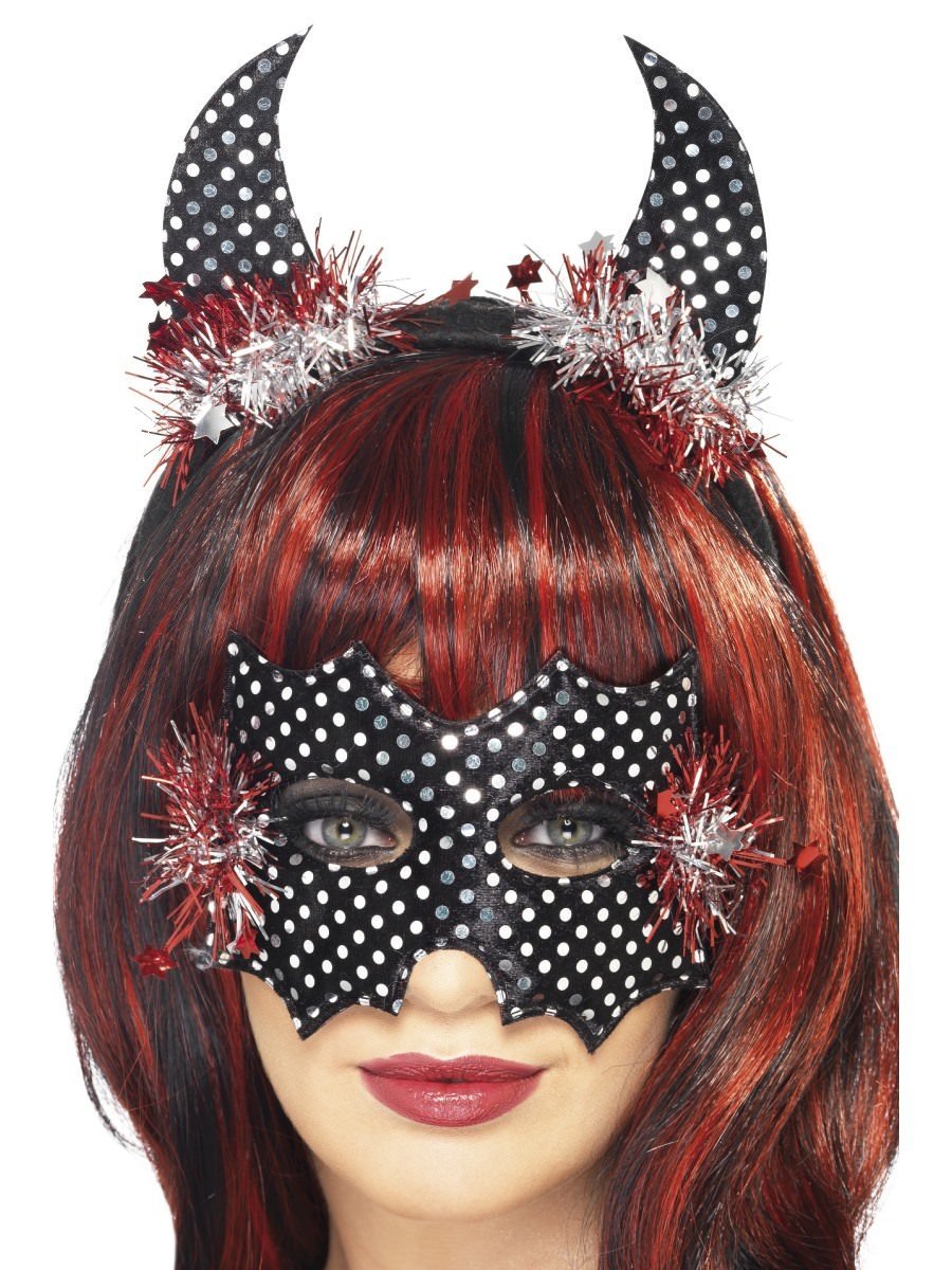 Devildina Mask and Horns Set, Black & Silver