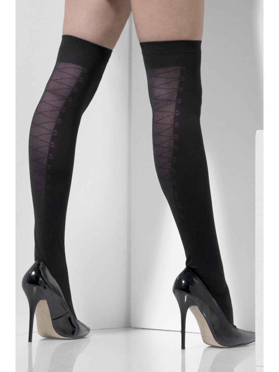 Opaque Hold-Ups, Black, with Mock Lace Up Detail