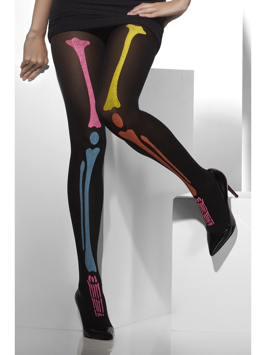 Opaque Tights, Black, Neon Skeleton Print