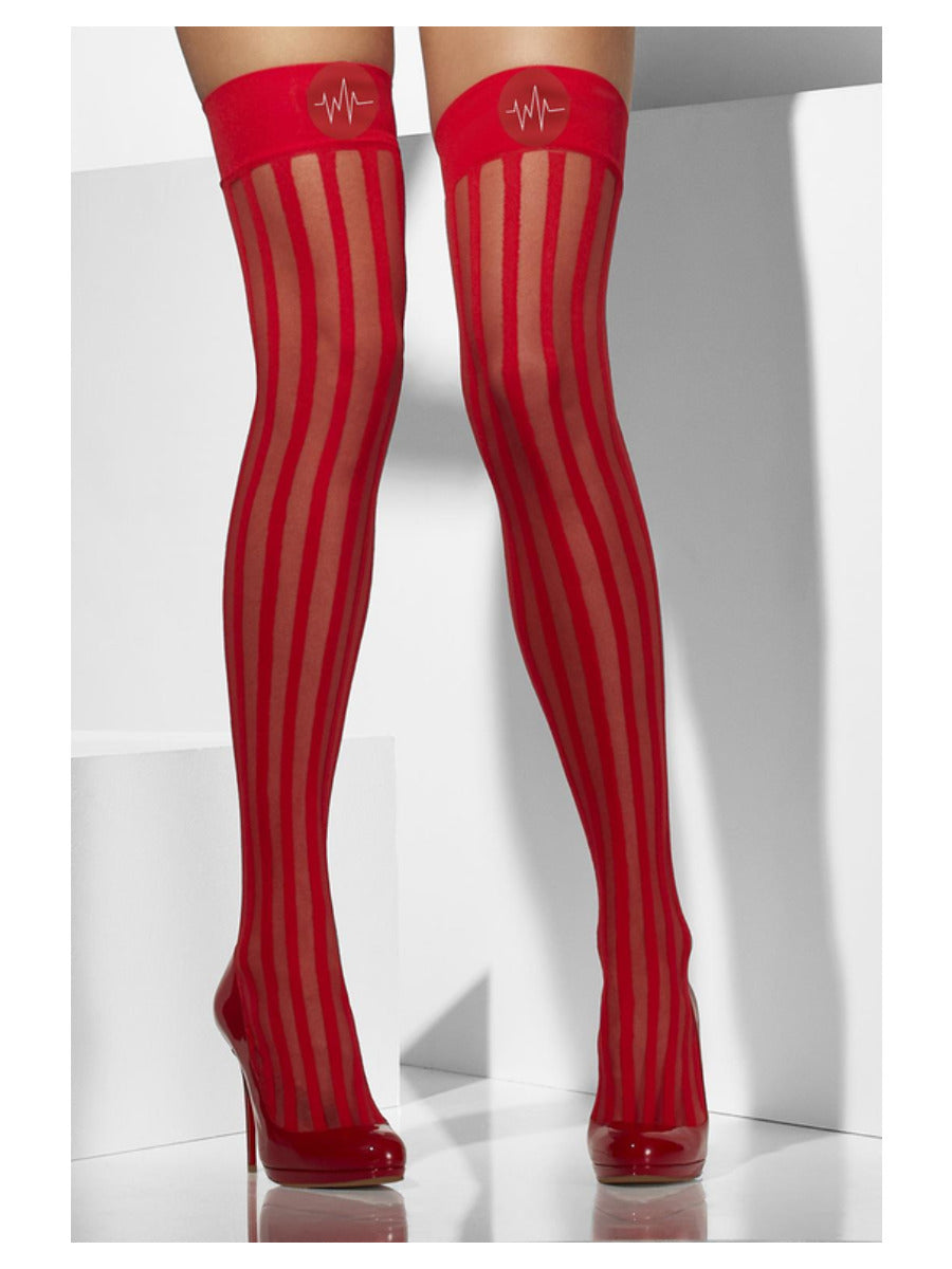 Red Sheer Hold Ups with Vertical Stripes Alt 1
