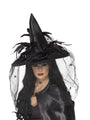 Witch Hat Feathers and Netting Black Deluxe